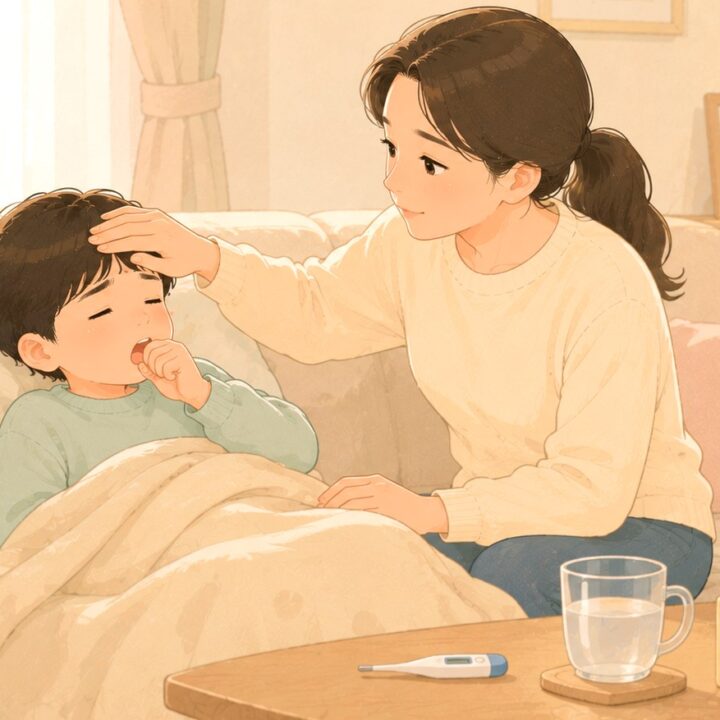 평촌 소아 폐렴 – 기침하는 아이의 이마를 짚어보며 살피는 엄마