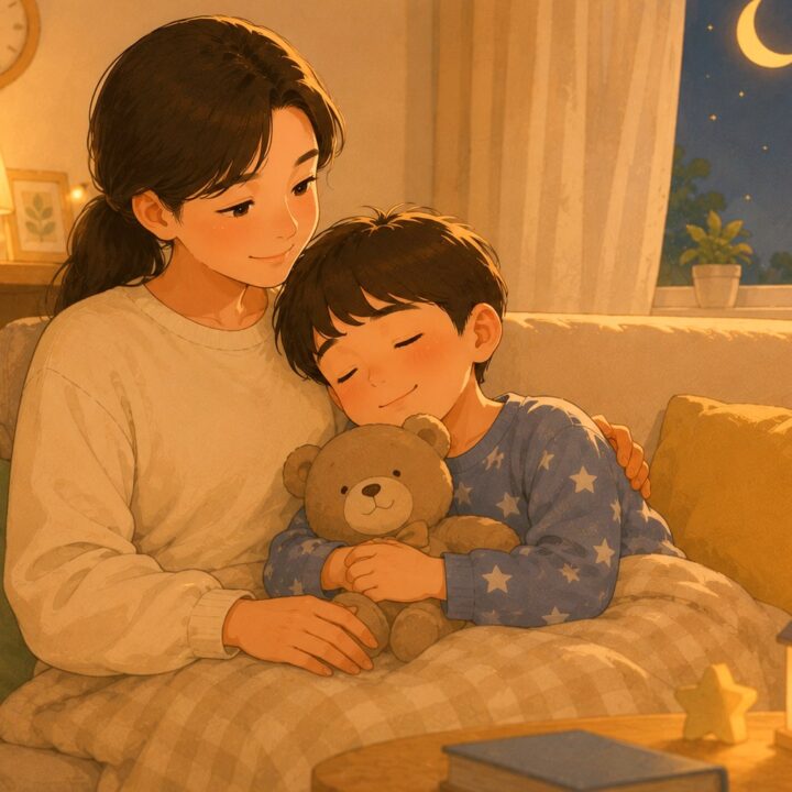 평촌 소아 야경증 – 곰인형을 안고 엄마 품에서 편안히 쉬는 아이