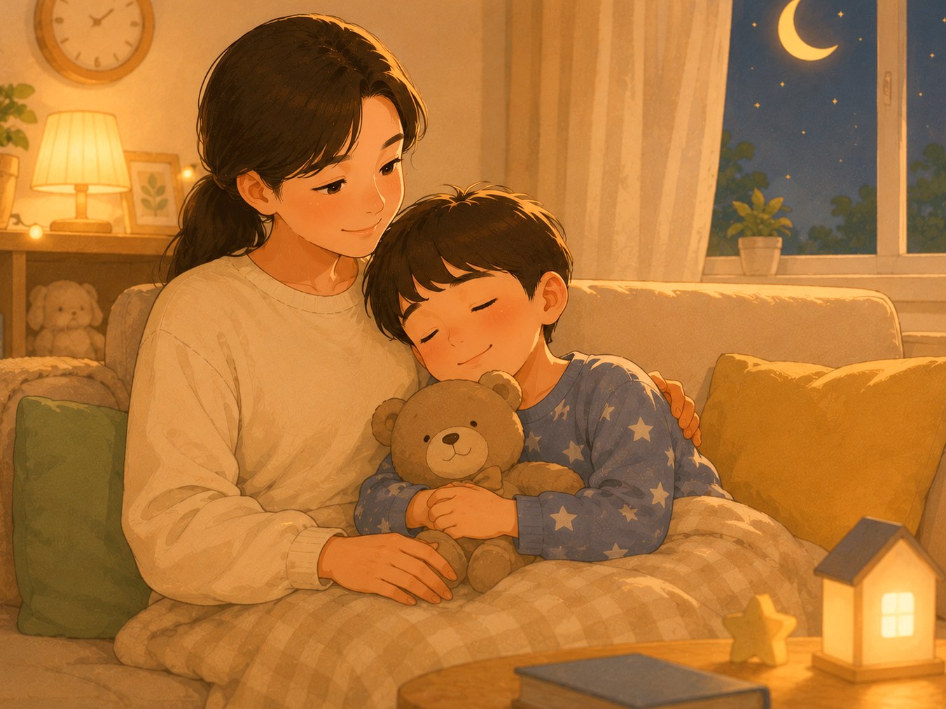 평촌 소아 야경증 – 밤에 그림책을 읽으며 편안히 잠자리에 드는 아이와 엄마