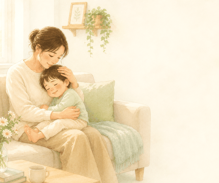 소파에서 엄마가 아이를 안고 머리를 다정하게 쓰다듬는 모습