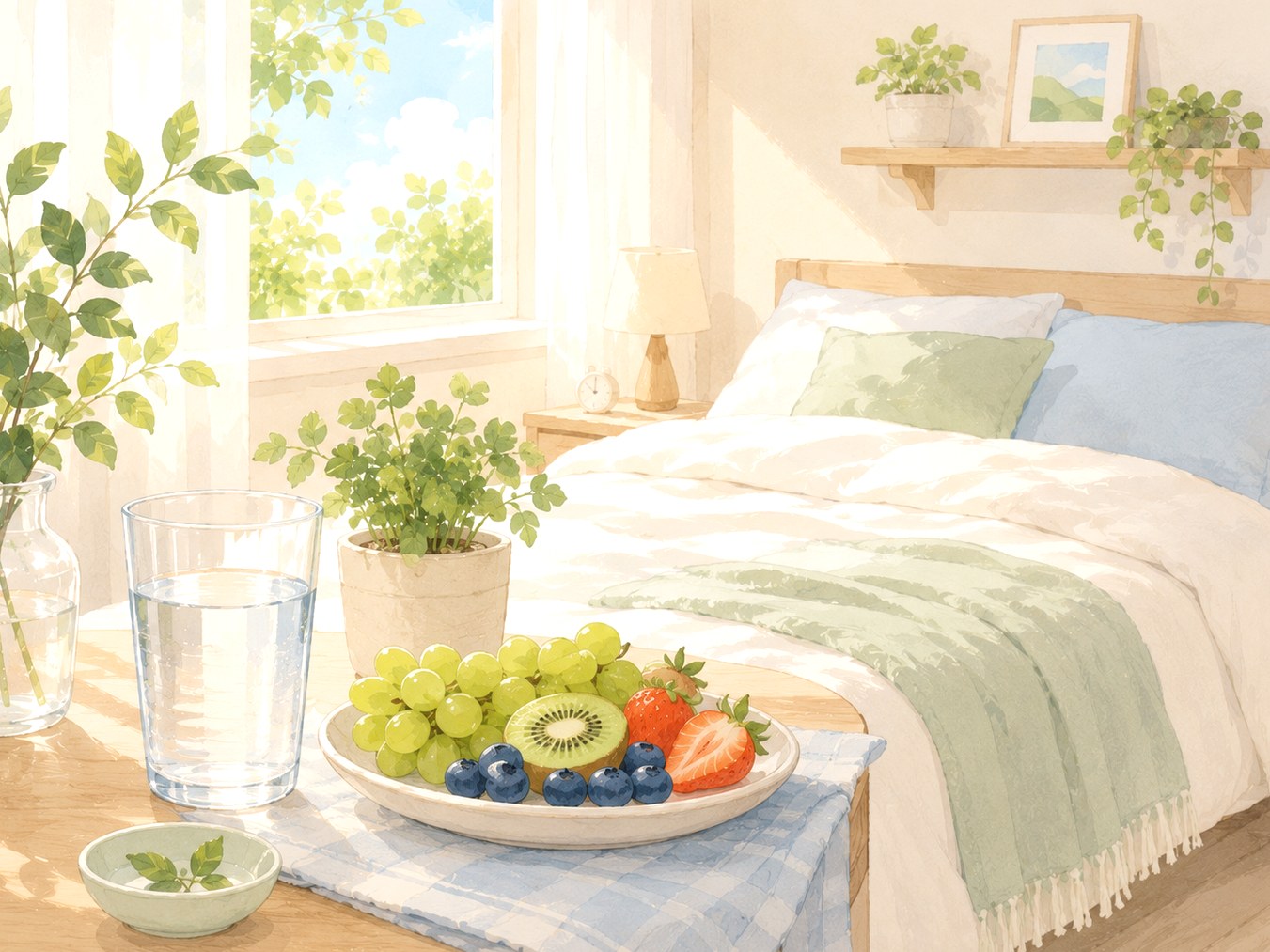 평촌 두드러기 – 물과 과일이 놓인 편안한 침실