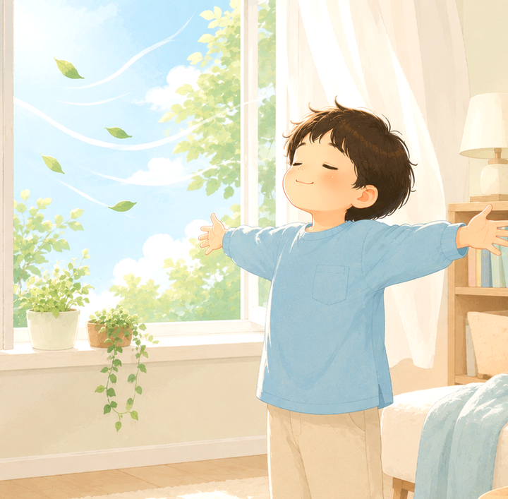 파란 하늘이 보이는 창문을 열고 두 팔을 활짝 벌린 채 맑은 공기를 상쾌하게 들이쉬는 아이