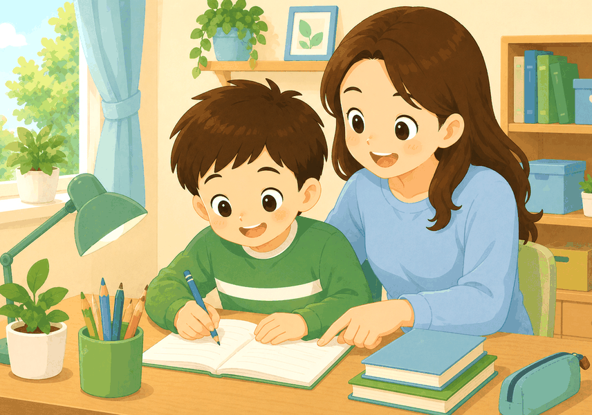 평촌 ADHD – 엄마와 아이가 책상에서 공부하는 모습