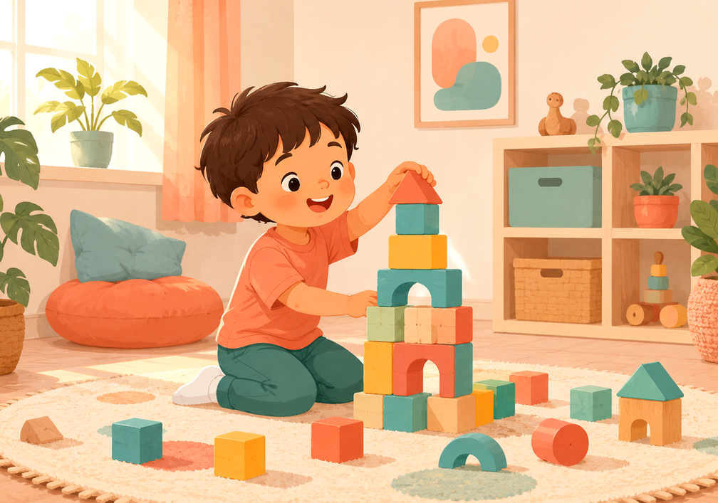 평촌 ADHD – 거실에서 블록을 쌓으며 집중하는 아이