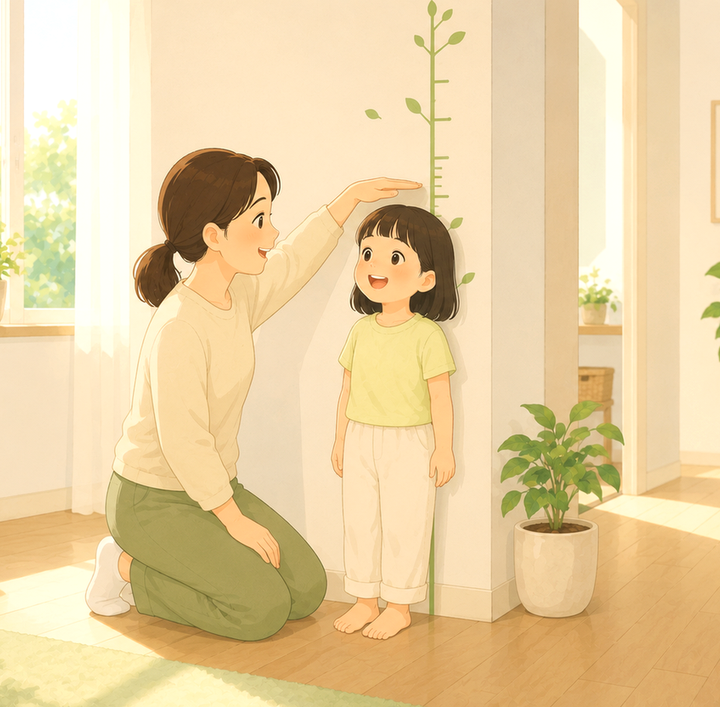 평촌 성장 – 엄마가 벽 키재기 눈금에 아이의 키를 재는 모습