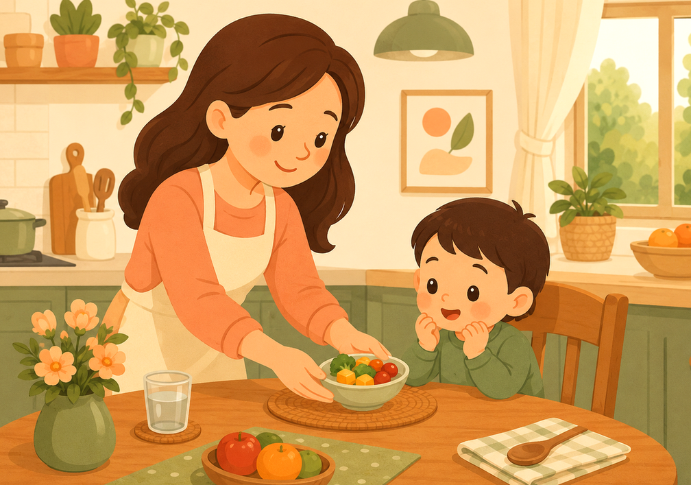 평촌 식욕부진 – 아이와 부모가 밥상에 함께 앉은 모습