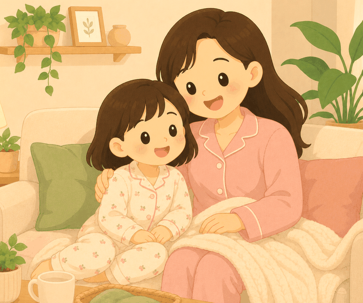 평촌 아토피 – 엄마와 아이가 소파에서 담요를 덮고 함께 앉아 있는 모습