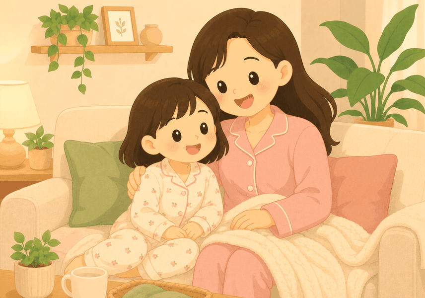 평촌 아토피 – 엄마와 아이가 소파에서 담요를 덮고 함께 앉아 있는 모습
