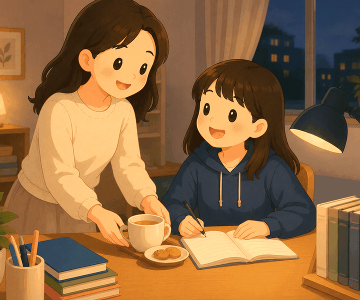 수험생 보약 – 밤에 공부하는 학생에게 엄마가 따뜻한 차를 가져다주는 모습