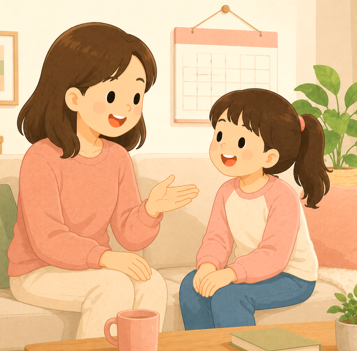 평촌 성조숙증 – 엄마와 딸아이가 소파에 마주 앉아 이야기하는 모습