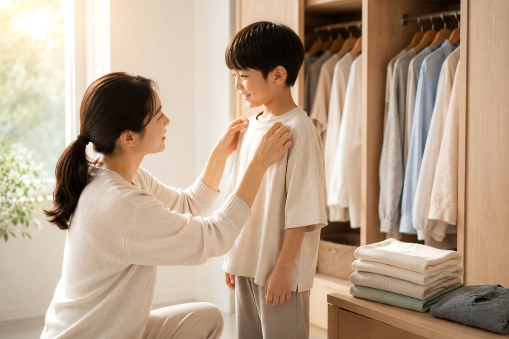 평촌 급성두드러기 – 엄마가 아이에게 헐렁한 면 티셔츠를 입혀 주는 모습