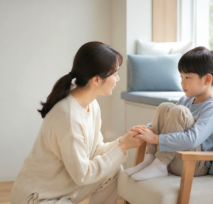 평촌 급성두드러기 – 엄마가 소파에 웅크려 앉은 아이의 손을 잡아 주는 모습