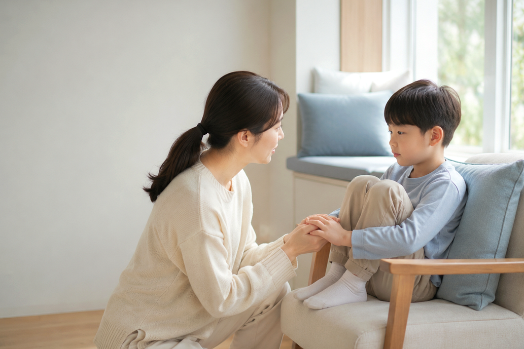 평촌 급성두드러기 – 엄마가 소파에 웅크려 앉은 아이의 손을 잡아 주는 모습