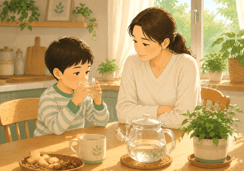 평촌 후비루 — 주방 식탁에서 아이가 두 손으로 유리컵을 들고 물을 마시고 엄마가 곁에서 지켜보는 모습