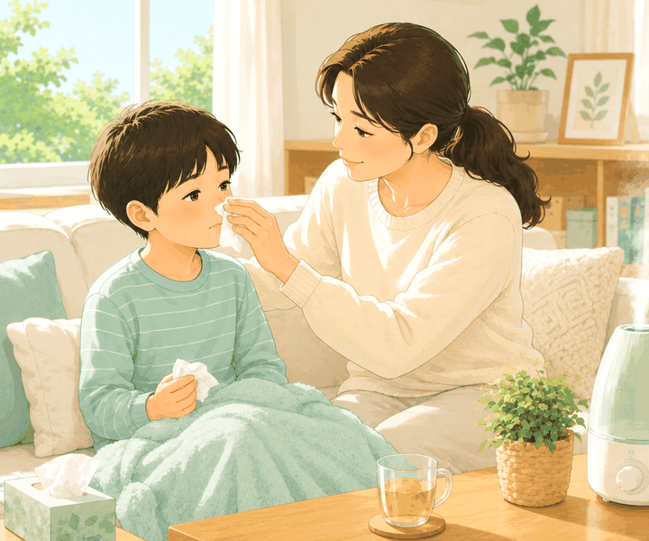 평촌 후비루 – 엄마가 아이의 코를 티슈로 닦아 주는 모습