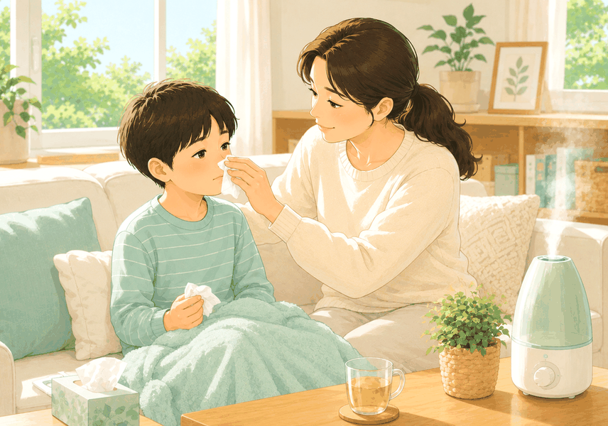 평촌 후비루 — 거실 소파에서 담요를 덮고 앉은 아이의 코를 엄마가 티슈로 닦아 주는 모습
