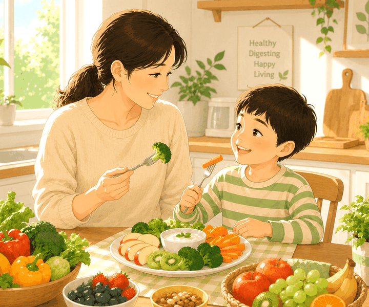 평촌 소아변비 – 엄마와 아이가 과일·채소 접시를 두고 함께 먹는 모습