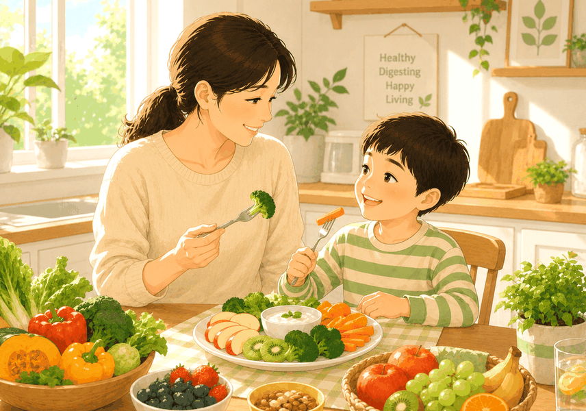 평촌 소아변비 — 주방 식탁에서 엄마와 아이가 과일·채소 접시를 앞에 두고 함께 웃으며 식사하는 모습