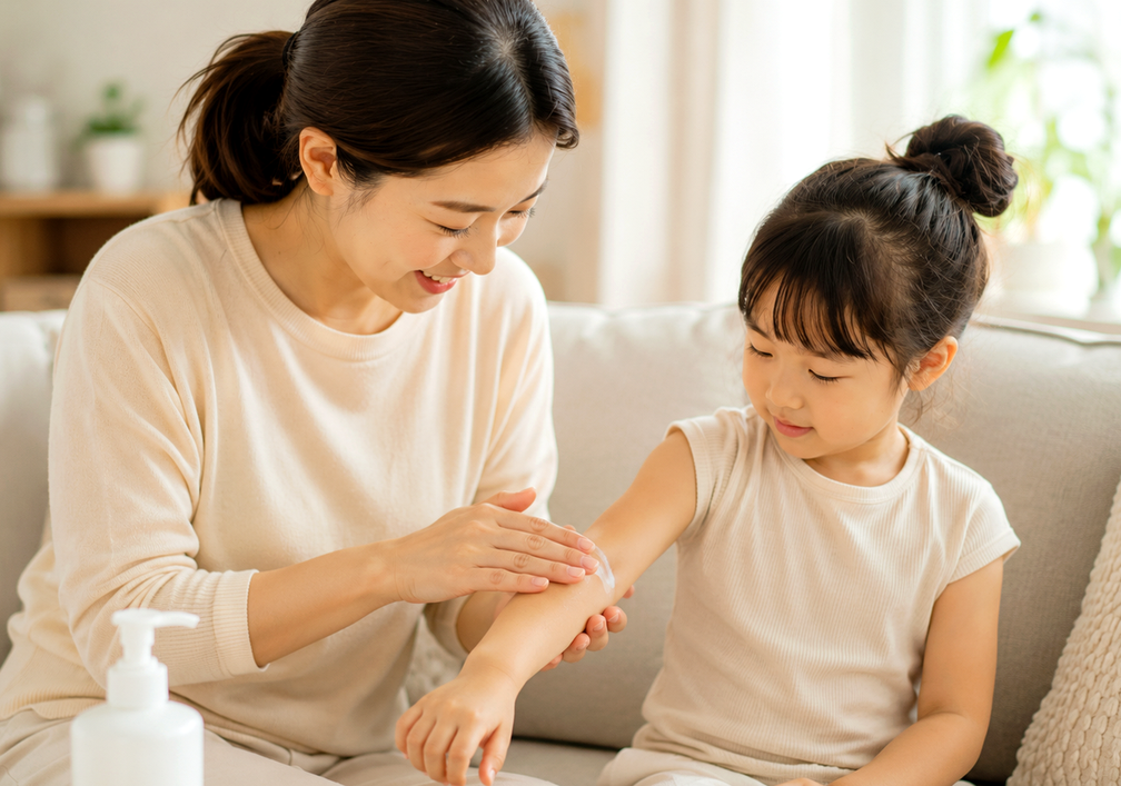 평촌 아기물사마귀 – 엄마가 아이의 팔에 로션을 발라 주는 모습