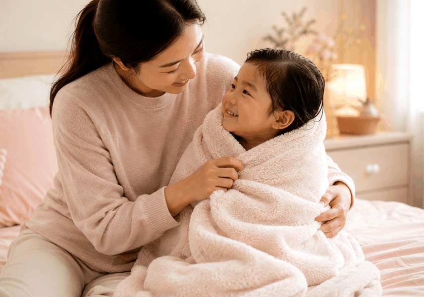 평촌 아기물사마귀 – 목욕 후 엄마가 아이를 부드러운 타월로 감싸 주는 모습