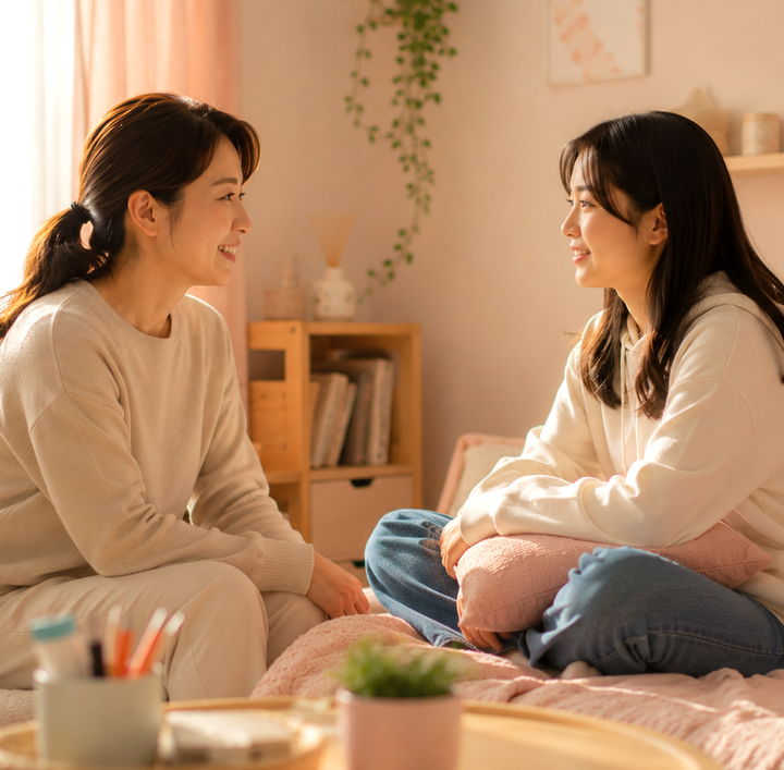평촌 초경후성장 – 침실에서 엄마와 사춘기 딸이 마주 앉아 대화하는 모습