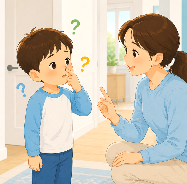 평촌 코막히는 이유 – 현관 복도에서 아이가 코를 가리키고 엄마가 눈높이에서 설명하는 모습