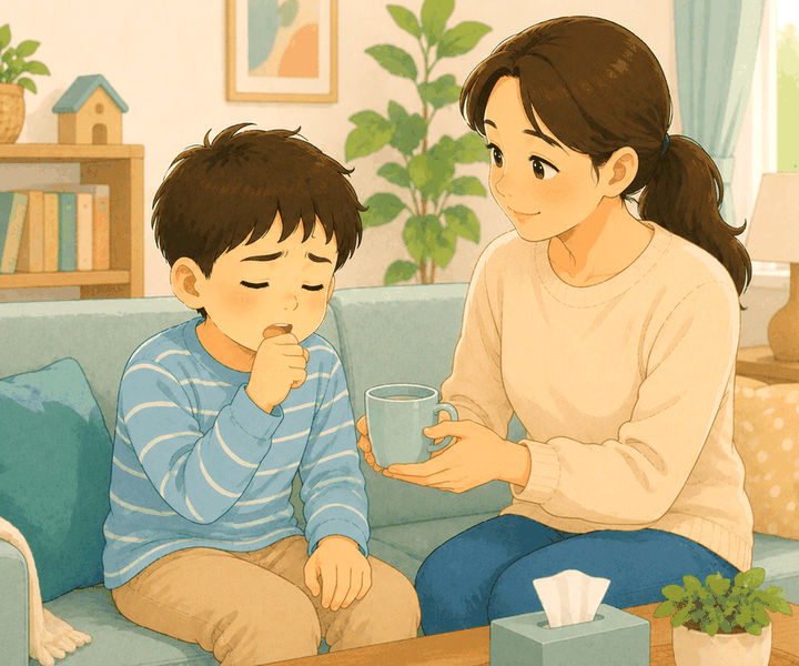 평촌 소아후비루 – 거실 소파에서 아이가 목을 가다듬고 엄마가 따뜻한 컵을 건네는 모습