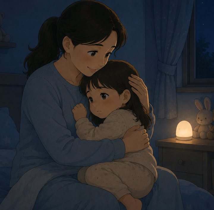 평촌 아기야경증 – 밤 침실에서 엄마가 잠 깬 아이를 무릎에 안고 달래는 모습