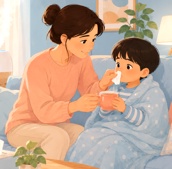 평촌 만성부비동염 – 소파에서 엄마가 담요를 두른 아이에게 따뜻한 컵과 휴지를 건네는 모습