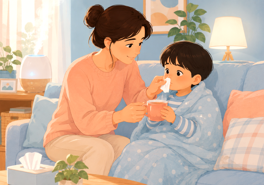 평촌 만성부비동염 – 소파에서 엄마가 담요를 두른 아이에게 따뜻한 컵과 휴지를 건네는 모습