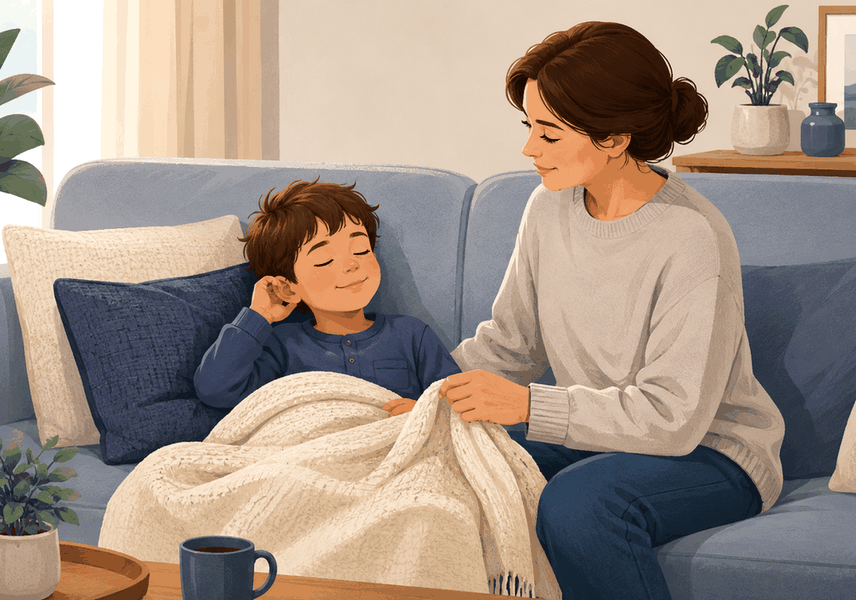 평촌 소아 삼출성중이염 – 소파에서 편안히 쉬는 아이와 엄마