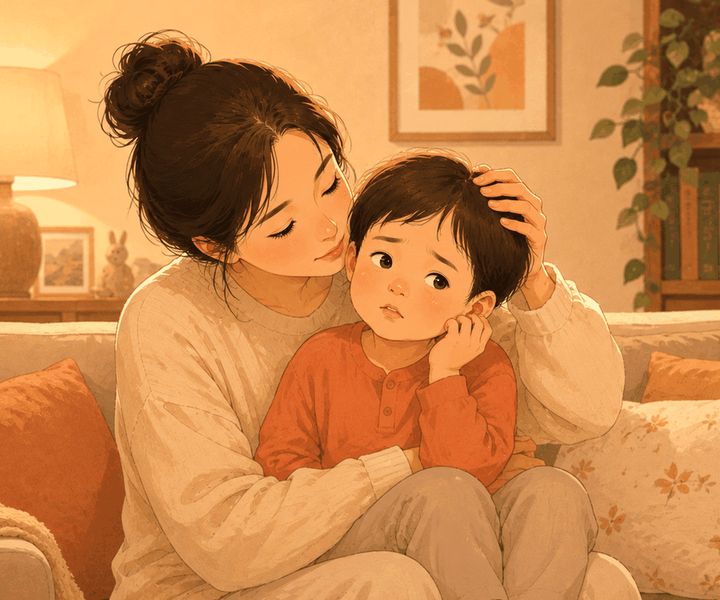 평촌 소아 중이염 – 엄마 무릎에서 귀를 살펴보는 아이