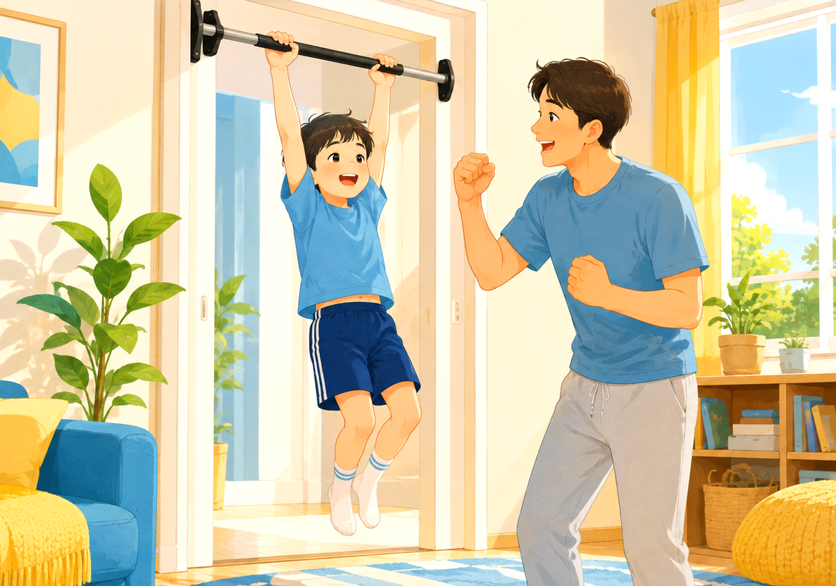 평촌 소아 키성장 – 문틀 철봉에 매달린 아이와 응원하는 아빠