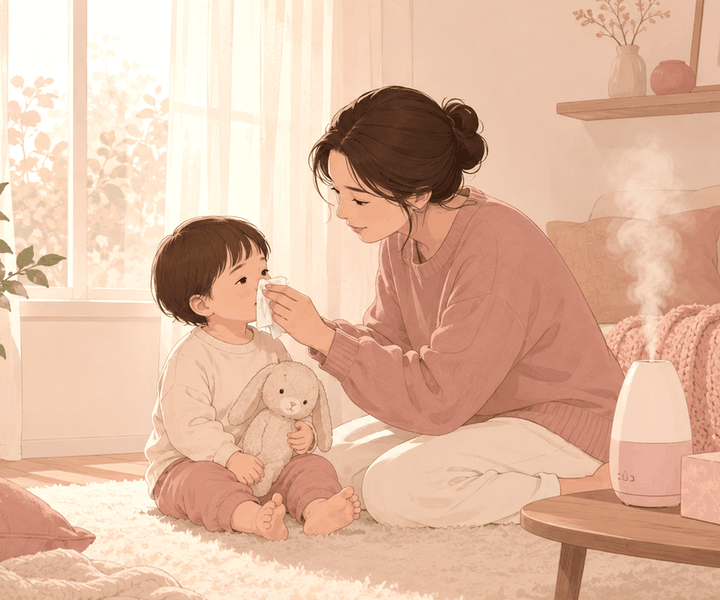 분홍빛 거실에서 엄마가 티슈로 아기의 코를 닦아주고 아기는 토끼 인형을 안고 있는 장면