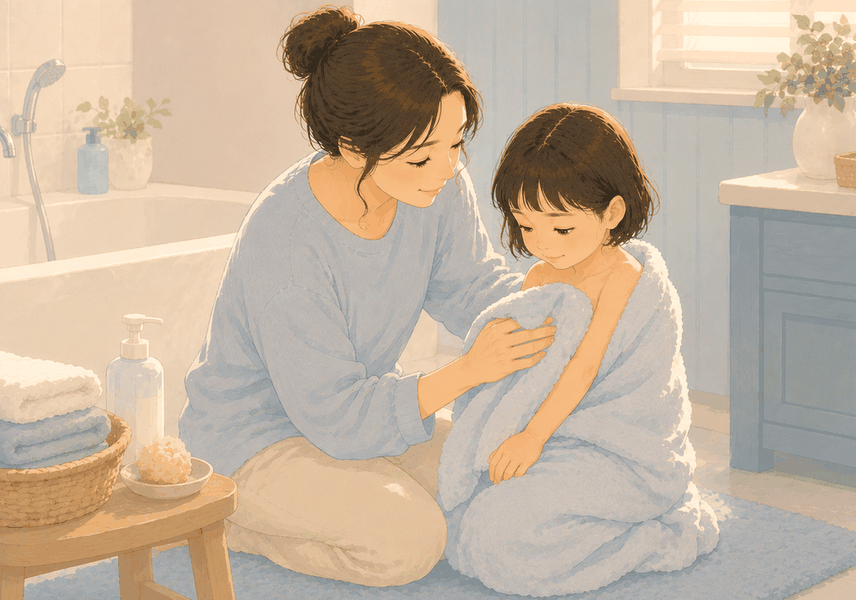 평촌 소아아토피 — 목욕 후 아이 피부에 보습제를 발라 주는 손 장면