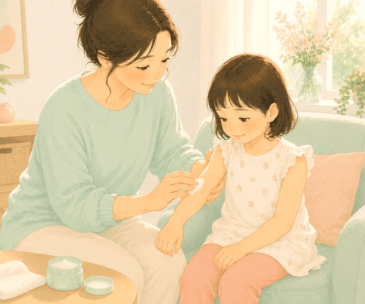 민트색 상의를 입은 엄마가 소파에 앉은 딸의 팔에 보습 크림을 발라주는 장면