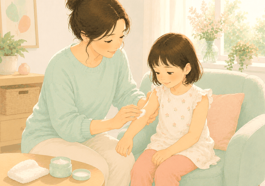 평촌 소아아토피 — 아이의 팔 안쪽 피부를 부드럽게 살펴보는 장면