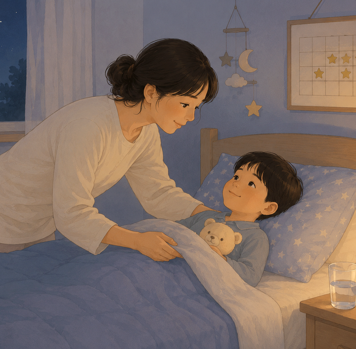 평촌 아이누리한의원 야뇨증 칼럼, 밤에 아이를 재우며 이불을 덮어주는 엄마