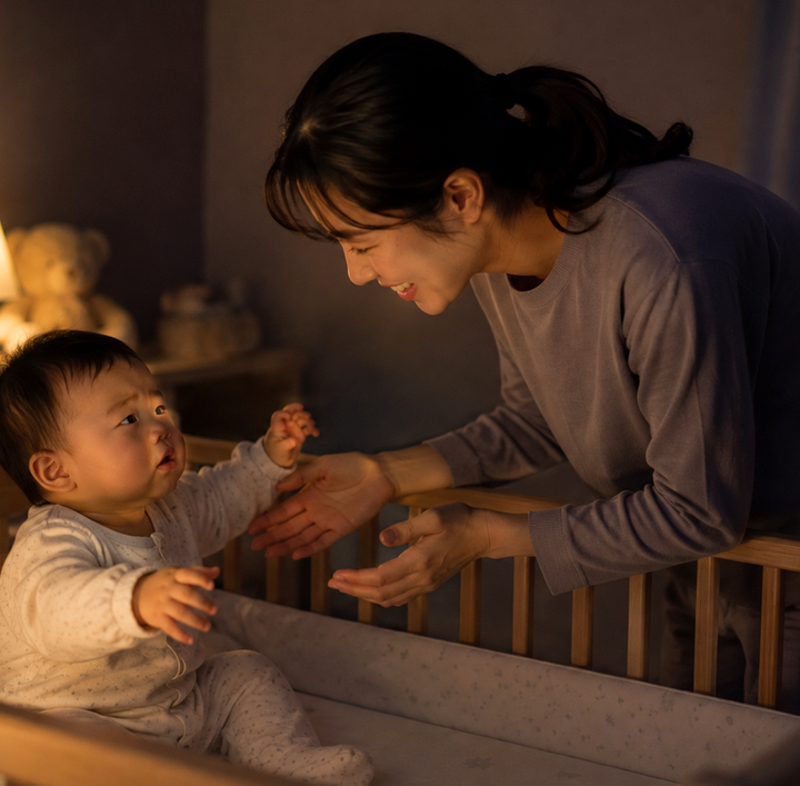 평촌 아기야제증 – 밤 아기 침대에서 우는 아기와 손 내미는 엄마