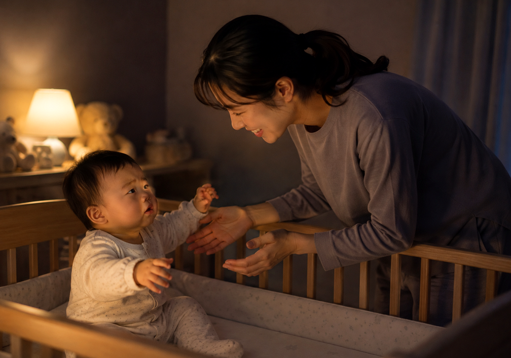 평촌 아기야제증 – 밤 아기 침대에서 우는 아기와 손 내미는 엄마