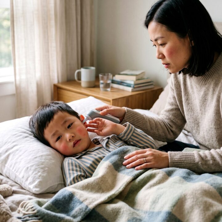 침대에 누운 아이의 귀에 체온계를 대며 살피는 엄마