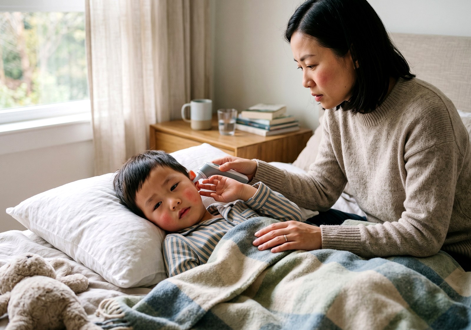 평촌 급성중이염 — 침대에 누운 아이의 귀에 체온계를 대며 살피는 엄마