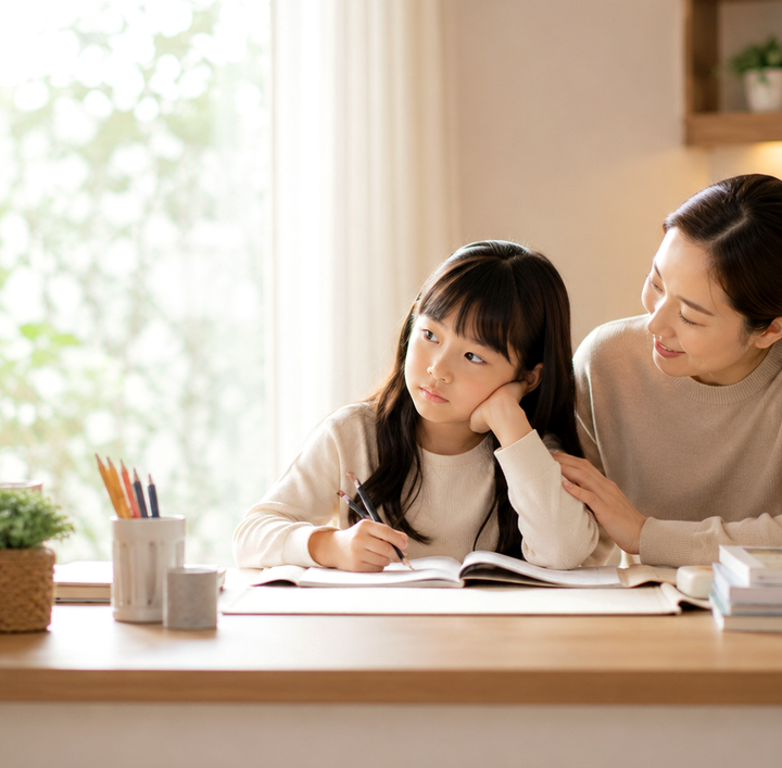 책상에서 공부하다 턱을 괴고 창밖으로 시선을 돌린 여자아이와 곁을 지키는 엄마