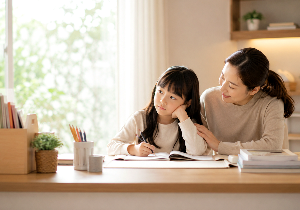 평촌 초등 ADHD — 책상에서 공부하다 턱을 괴고 창밖으로 시선을 돌린 여자아이와 곁을 지키는 엄마