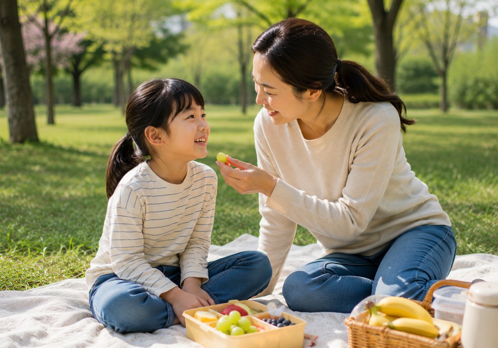 공원 잔디밭에서 엄마가 아이에게 과일을 건네는 피크닉 모습