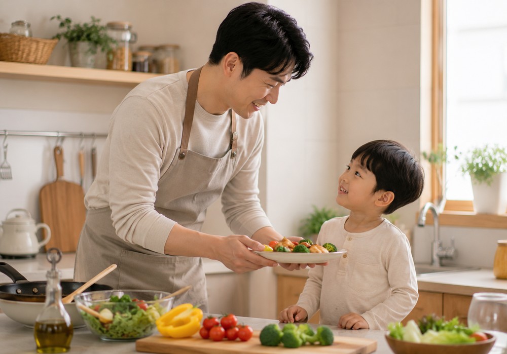 주방에서 아빠가 음식이 담긴 접시를 아이에게 건네는 모습