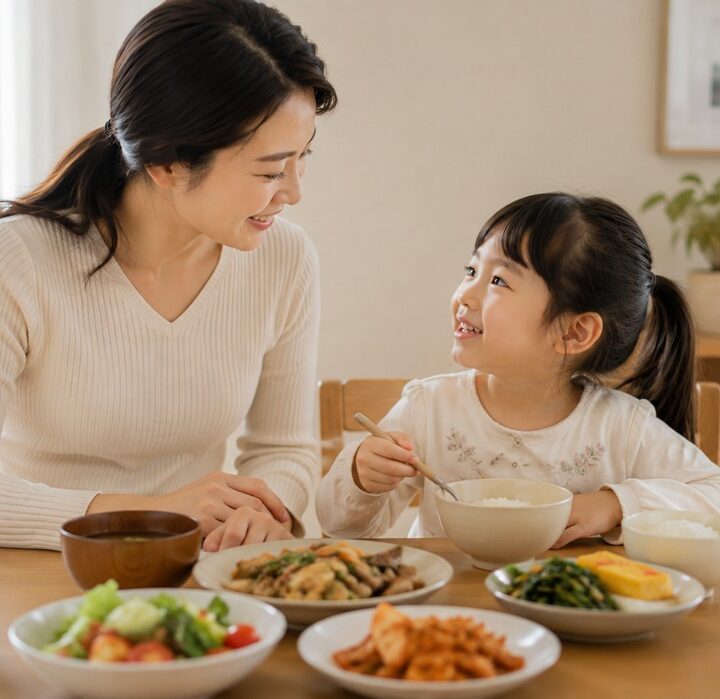 밥상 앞에서 엄마와 아이가 함께 식사하며 이야기 나누는 모습