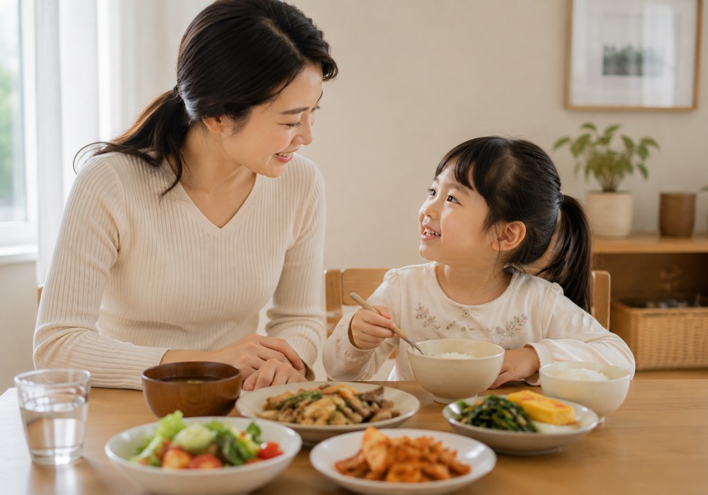 평촌 어린이 식욕부진 — 밥상 앞에서 엄마와 아이가 함께 식사하며 이야기 나누는 모습