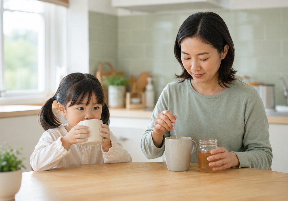 주방 식탁에서 따뜻한 음료를 마시는 아이와 꿀을 타는 엄마
