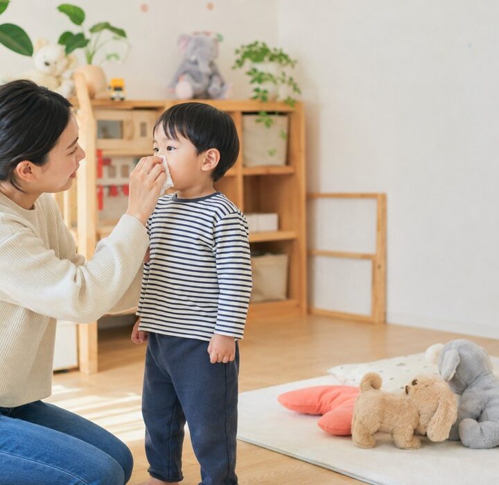 놀이방에서 서 있는 아이의 코를 휴지로 닦아주는 엄마